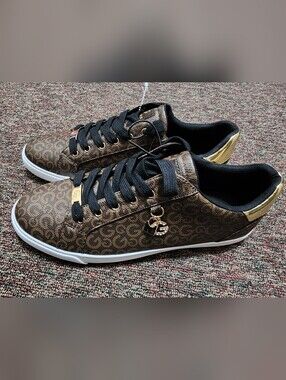 Women's Brown Patterned Low-Top Sneakers with Gold Heel Accent